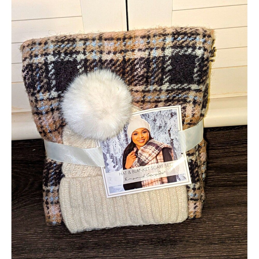 Emmanuel Gerardo Women’s 2-Piece Plaid Scarf & Pom Pom Knit Beanie One Size